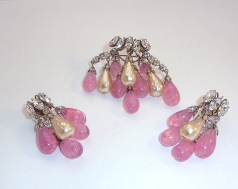 Baroque pearl and pink crystal brooch and earrings by Roger Jean-Pierre